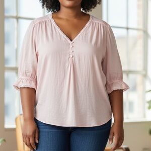 Cupcakes and Cashmere‎ Blush Pink Lace Trim Peasant Blouse Women’s 3X Boho Top